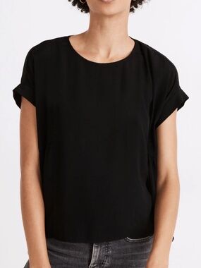 Madewell Cuffed-Sleeve Shirred Top – True Black (Size Small) | Lightweight Crepe